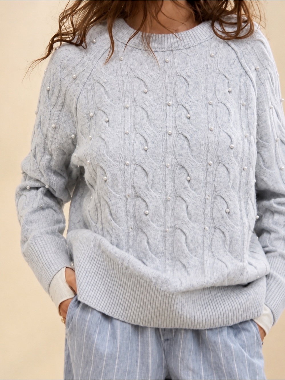 Aerie unReal Crewneck Long Sleeve Cable Pearl Detail Sweater Gray XL EUC